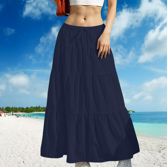 Zunfeo Boho Skirts for Women Elastic High Waisted Pleated Skirts A-line Maxi Prairie Skirt for Vacation Beach Blue 2XL