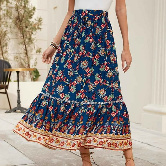 Zunfoe Boho Skirts for Women High Waist Maxi Beach Skirts Casual Summer A-line Long Skirt for Vacation Holiday Blue XL