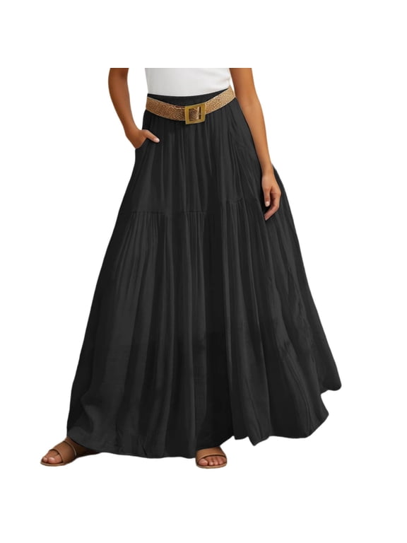 Boho Skirts for Women Midi Length Pink Fashion Solid Color Soft & Breathable Women's Flowy Handkerchief Hemline Midi Skirt