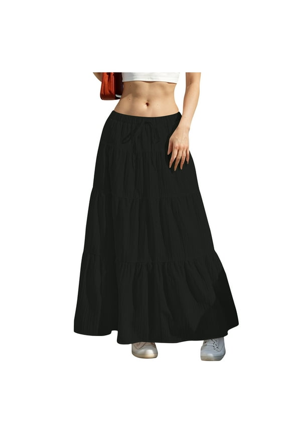 Boho Skirts for Women Summer Elastic High Waisted A-Line Long Skirt Flowy Tiered Ruffle Casual Midi Skirts Black S