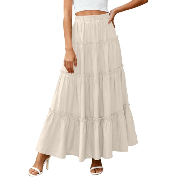 Boho Skirts for Women Summer Trendy Flowy A Line Tiered Skirt Beach Vacation Maxi Skirt L