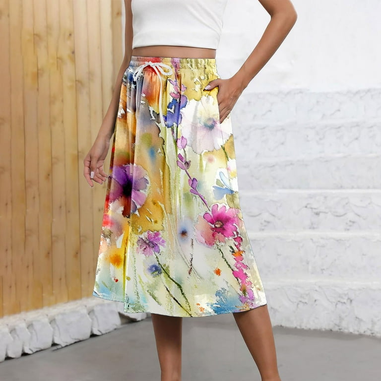 Boho Skirts for Women Trendy Summer Flowy Floral Midi Skirts with Pockets Lightweight Drawstring High Waisted Skirts Maxi Skirt Walmart