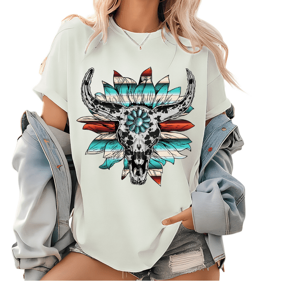 Boho Skull Print T Shirts Wild West Boho & Sunflower Graphic Tees Casual Short Sleeve Cowhide Pattern Classic Tops for Daily Outfits trendy and popular round-neck design is retro White,S