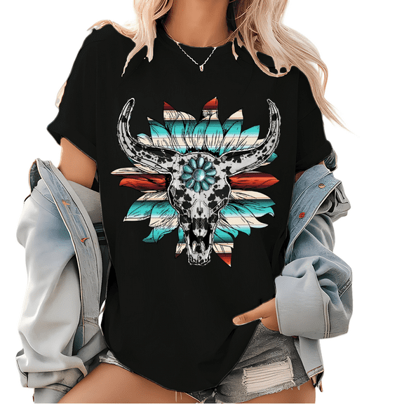 Boho Skull Print T Shirts Wild West Boho & Sunflower Graphic Tees Casual Short Sleeve Cowhide Pattern Tops for Daily Outfits Black,S