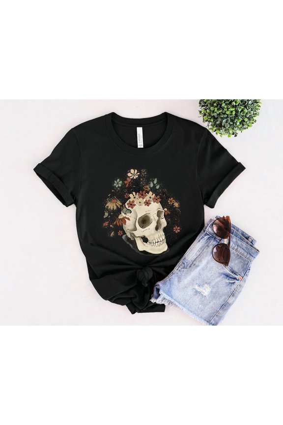 Boho Skull With Flower Tee - Floral Skull Art - Bohemian Style And Chic Design - Trendy Boho Fashion For Skull Lovers