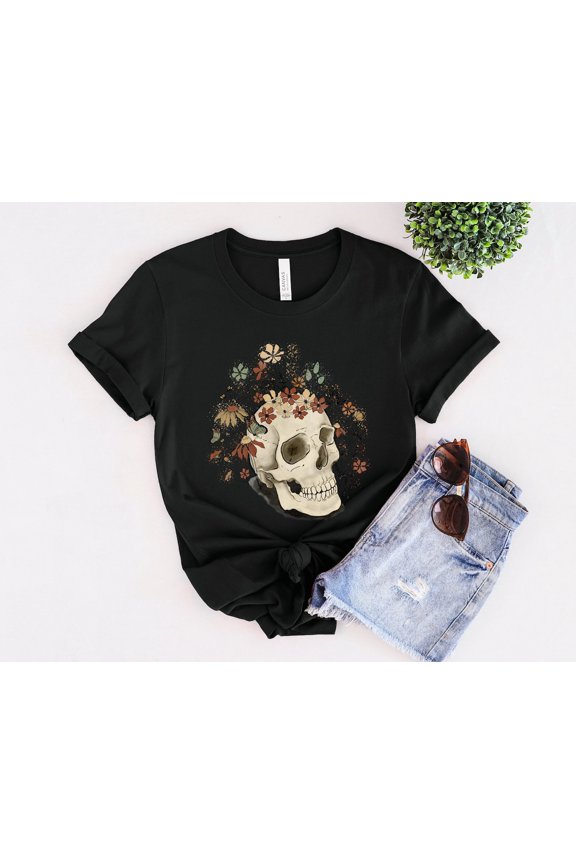 Boho Skull With Flower Tee - Floral Skull Art - Bohemian Style And Chic Design - Trendy Boho Fashion For Skull Lovers