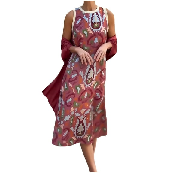Boho Sleeveless Midi Dress for Women Summer Floral Print Casual Sundress Loose Flowy Beach Tank Dresses