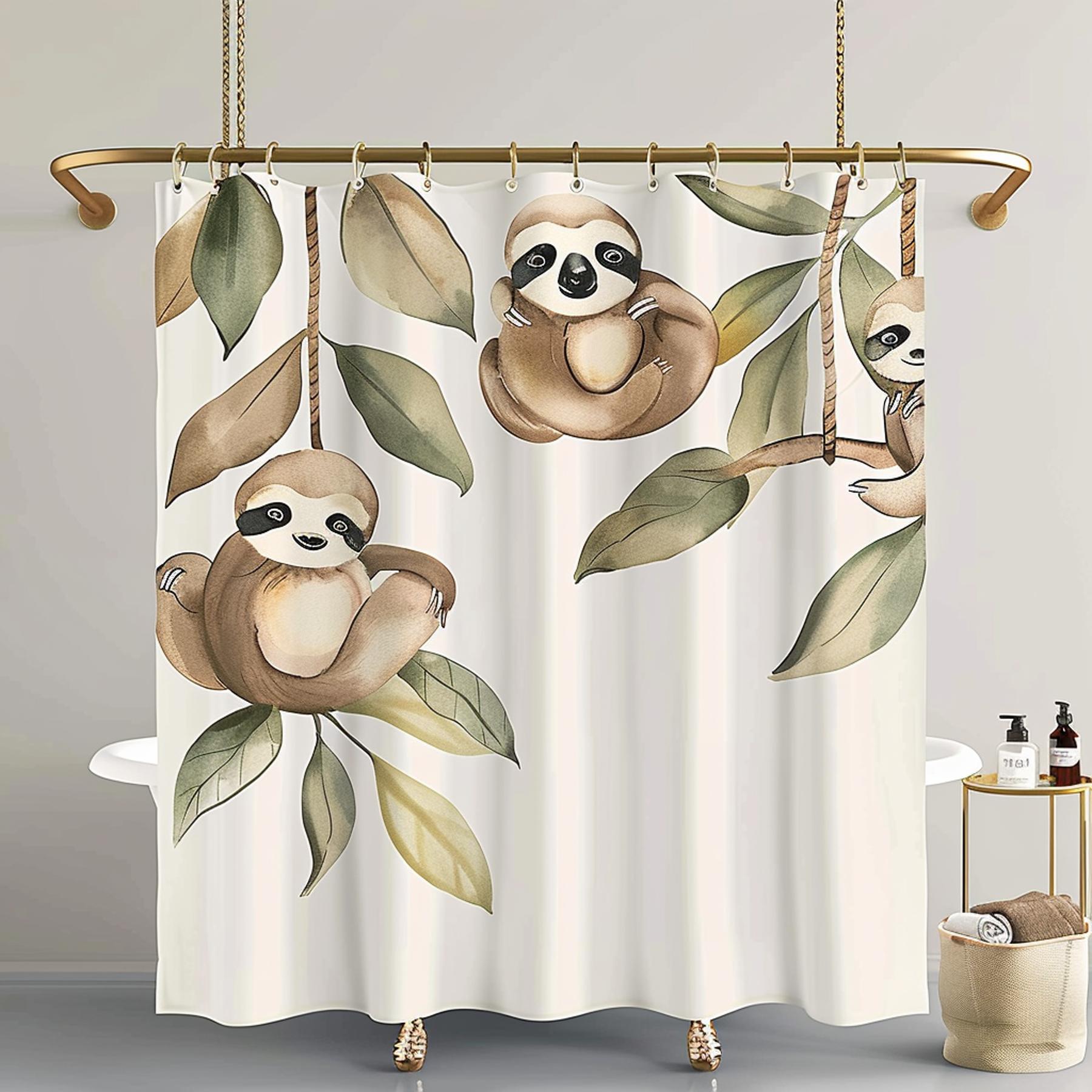 Boho Sloth Cartoon Bathroom Shower Curtain Beige Watercolor Design with