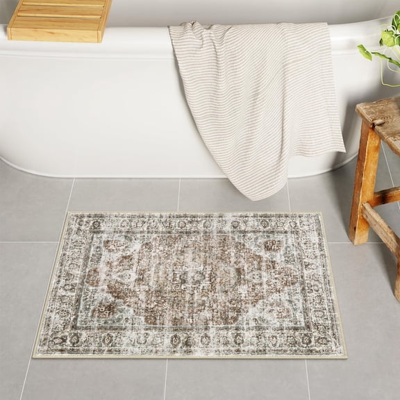 Boho Small Bath Mat, Distressed Farmhouse Light Khaki Bath Rugs, Comfy Velvet Bathroom Rugs Non Slip Washable, Vintage Oriental Toilet Rug for Sink Shower Vanity, 18x26 inch