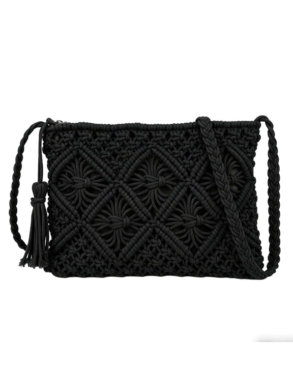 Boho Small Crossbody Bag for Women Small Summer Beach Shoulder Purse Hand Woven Crochet Bags with Tassel