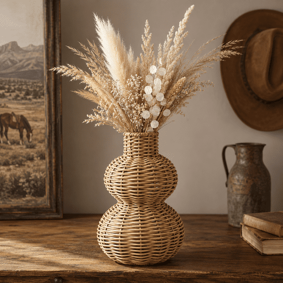 Boho Small Wicker Vase for Flowers, Gourd Shaped Farmhouse Rattan Vase Lightweight Rustic Woven Basket Planter Boho Hollow Wicker Decorative Vases for Dried Flowers Vintage Tabletop Home Decor Vases