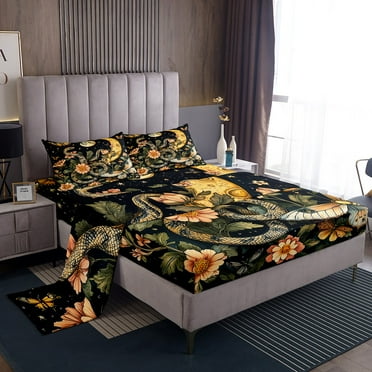 Boho Snake Bedding Set Gold Sun Moon Bed Sheets For Adults Teens Women Room Decor,Bohemian Flower Botanical Leaves Sheet Set Starry Sky Butterflies Bed Sheet Set 3 Piece Twin Size