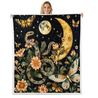 Boho Snake Fleece Blanket Gold Sun Moon Throw Blanket For Adults Teens Women Bed,Bohemian Flower Botanical Leaves Sherpa Blanket Starry Sky Butterflies Plush Bed Blanket 30"X40"