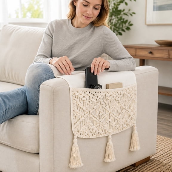 Boho Sofa Armrest Organizer, Cotton Woven Remote Caddy with Geometric Pattern & Tassels, 13.3x35.4in Cream Hanging Storage Pouch for Couch