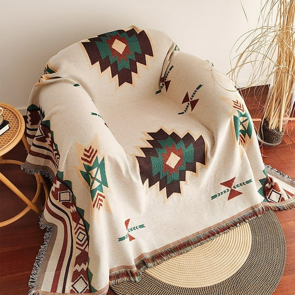 Boho Sofa Cover Blanket 35x59in - Super Soft Breathable Throw for Couch, Light Geometric Pattern Recliner Seat Cover, Multicolor Fringed Tablecloth 100% Polyester