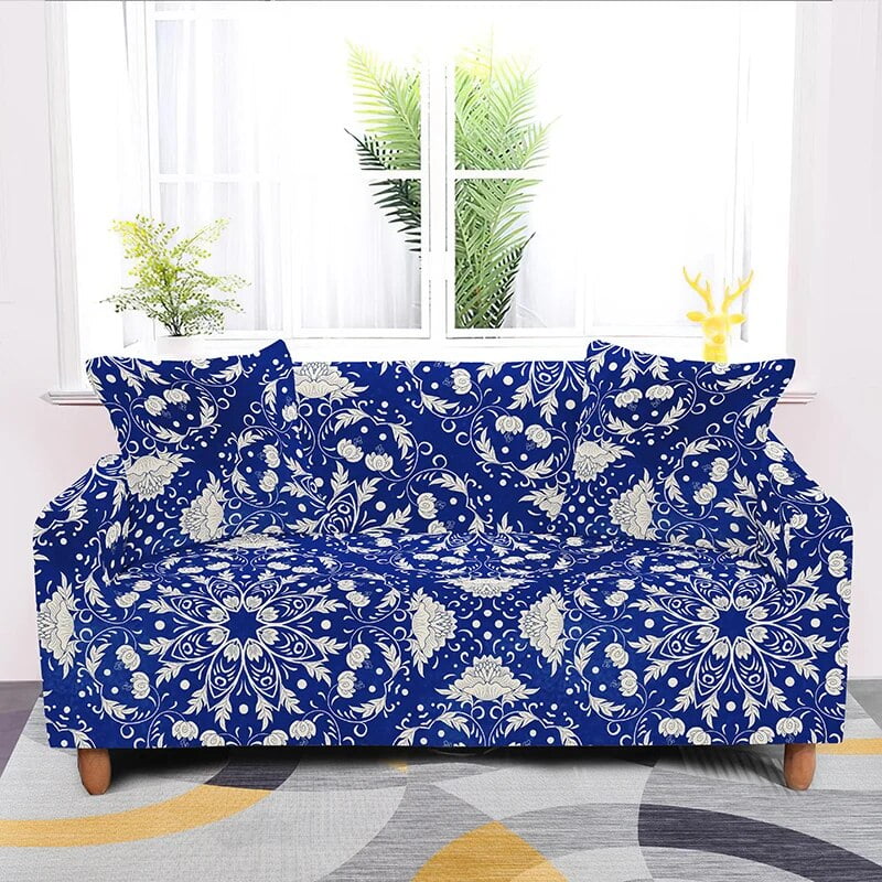 Boho Sofa Cover Blue And White L Shape Porcelain Sectional Elastic
