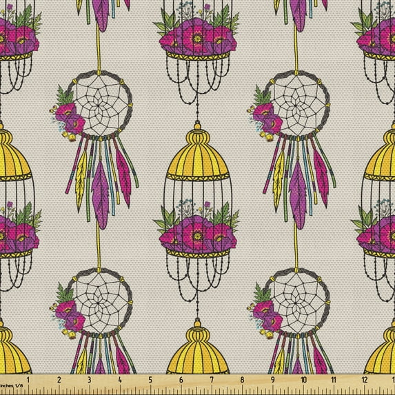 Boho Sofa Upholstery Fabric by the Yard, Floral Dream Catchers and Bird Cages with Flowers Aztec Culture Wedding, Decorative Fabric for DIY and Home Accents, Beige Magenta and Mustard by Ambesonne