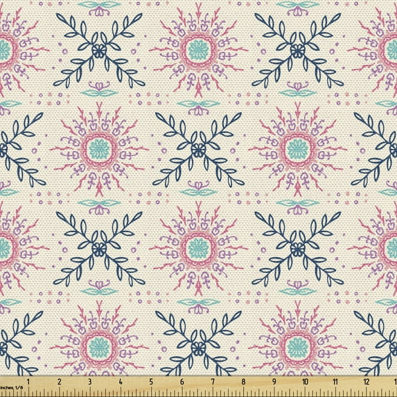 Boho Sofa Upholstery Fabric by the Yard, Flowers Like Leafy on a Champagne Tone Background, Decorative Fabric for DIY and Home Accents, Sky Blue Pink by Ambesonne