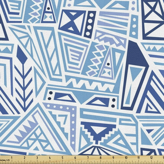Boho Sofa Upholstery Fabric by the Yard, Jumble Abstract Pattern with Ornaments and Shapes, Decorative Fabric for DIY and Home Accents, Dark Sky Blue Ceil Blue by Ambesonne
