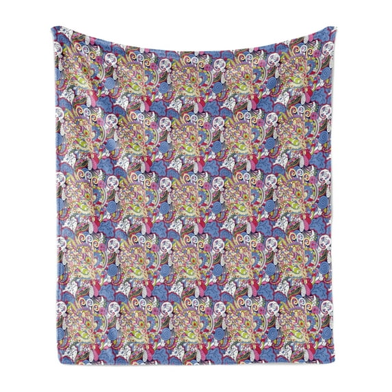 Boho Soft Flannel Fleece Blanket, Colorful Curved Tangled Oriental Motifs in Doodle Style Indonesian Folkloric Artwork, Cozy Plush for Indoor and Outdoor Use, 60" x 80", Multicolor, by Ambesonne