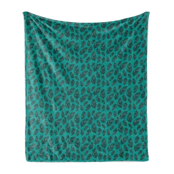 Boho Soft Flannel Fleece Blanket, Oriental Peacock Feathers Repetition Hippie Lifestyle Bohemian Artwork Print, Cozy Plush for Indoor and Outdoor Use, 70" x 90", Jade Green and Teal, by Ambesonne
