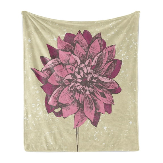 Boho Soft Flannel Fleece Blanket, Vintage Dahlia Flower with Murky Grunge Featured Background Growth Bohemian Pattern, Cozy Plush for Indoor and Outdoor Use, 60" x 80", Purple Khaki, by Ambesonne