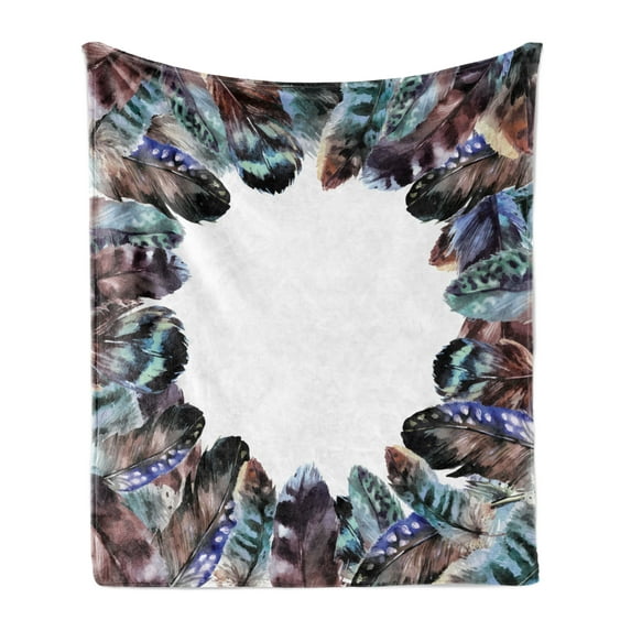 Boho Soft Flannel Fleece Throw Blanket, Boho Circle Round Frame with Shabby Ornate Feathers Retro Gypsy Design, Cozy Plush for Indoor and Outdoor Use, 50" x 60", Mauve Black Blue, by Ambesonne