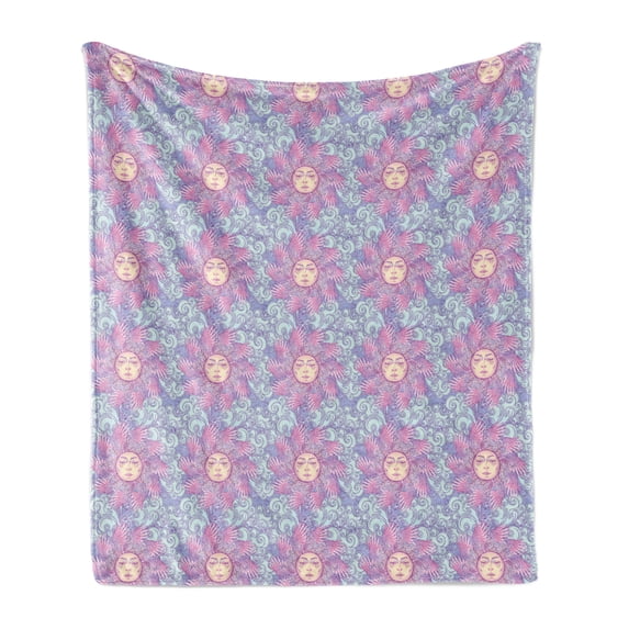 Boho Soft Flannel Fleece Throw Blanket, Fairytale Sun with Human Face Surrounded by Bird Wings Arranged in Circular Shape, Cozy Plush for Indoor and Outdoor Use, 50" x 70", Multicolor, by Ambesonne
