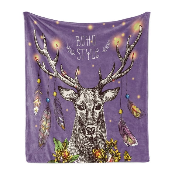 Boho Soft Flannel Fleece Throw Blanket, Boho Hand Drawn Rein Deer with Gypsy Fashioned Elements on Antlers Unique Wild Creature, Cozy Plush for Indoor and Outdoor Use, 60" x 80", Purple, by Ambesonne