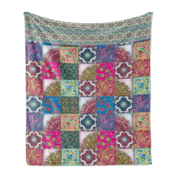 Boho Soft Flannel Fleece Throw Blanket, Oriental Patchwork Pattern with Vivid Motifs in Squares, Cozy Plush for Indoor and Outdoor Use, 50" x 60", Multicolor, by Ambesonne