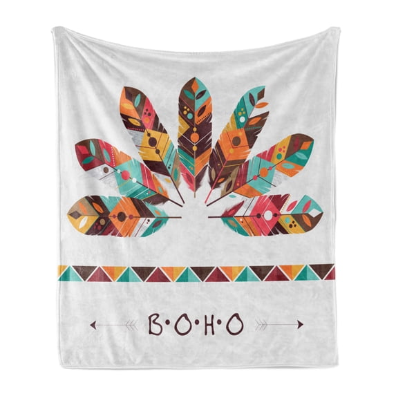 Boho Soft Flannel Fleece Throw Blanket, Pastel Colored Feathers Native Prehistoric Tribal Cultures Abstract Ornament, Cozy Plush for Indoor and Outdoor Use, 70" x 90", Multicolor, by Ambesonne