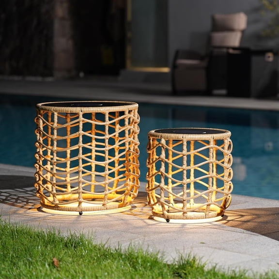 Boho Solar Nesting Tables with Built-in Lights - Set of 2, Weather-Resistant Wicker for Patio, Porch, Garden, Perfect Side Table for Outdoor Living, Natural & Stylish Design