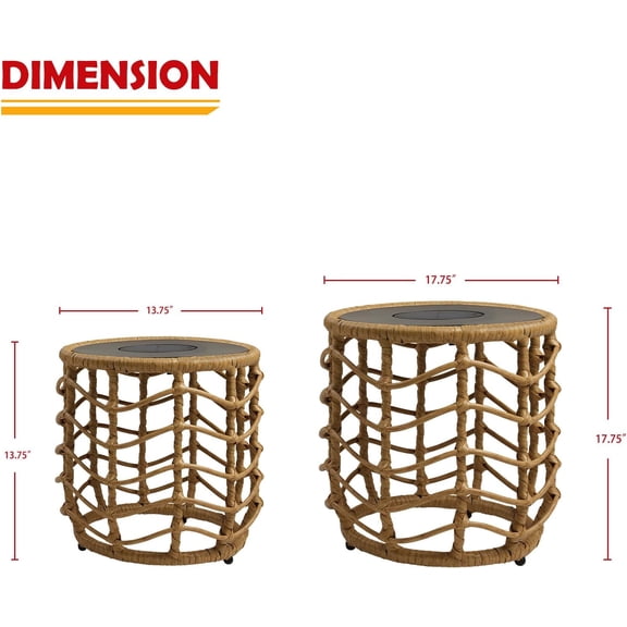 Boho Solar Nesting Tables with Built-in Lights - Set of 2, Weather-Resistant Wicker for