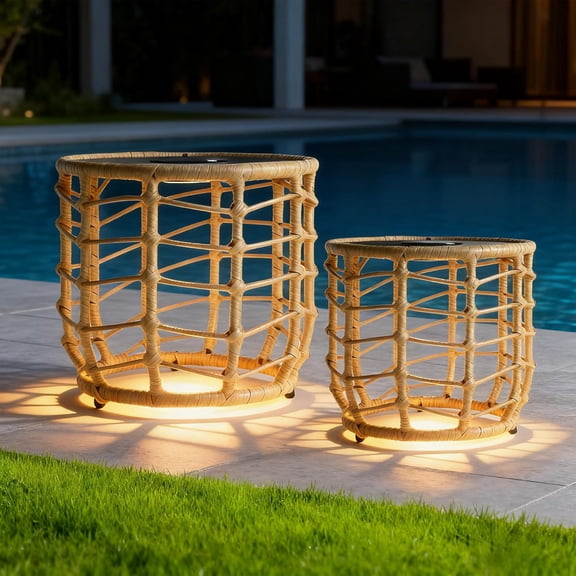 Boho Solar Outdoor Side Table with Built-in Lights Set of 2, All-Weather Wicker Nesting Tables, Round Waterproof Accent End Table Design for Patio, Porch, Garden & Balcony, Natural Brown