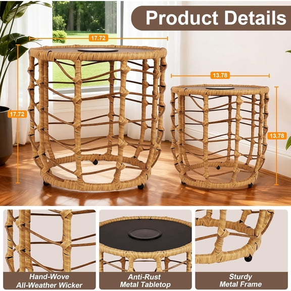 Boho Solar Outdoor Side Table Set of 2 with Built-in Lights, All-Weather Wicker Nesting Tables for  Porch Garden