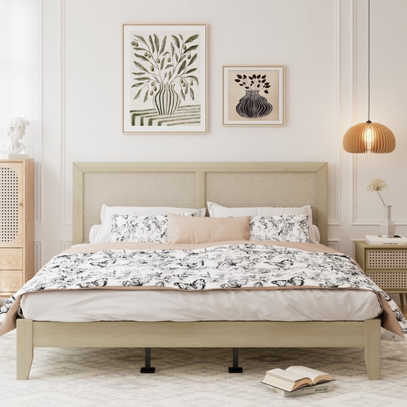 Boho Solid Wood Platform California King Bed with Rattan Cane Headboard, Silent Slats, Natural
