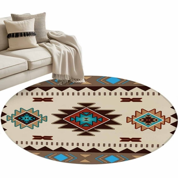 Boho Southwest 3ft Area Rug, Farmhouse Aztec Tribe Brown Blue Plaid Washable Non-Slip Small Round Rugs for Entryway Bedroom Kitchen, Soft Circle Carpet for Dining Room, Playroom Nursery Rug