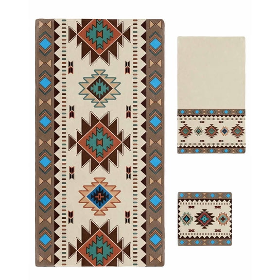 Boho Southwest Bath Towels for Bathroom Set,Luxury Microfiber Towels Gifts for Women,Quick Dry Beach Kitchen Hand Hair Face Towel and Dish Washcloth,Farmhouse Aztec Tribe Brown Blue Plaid Towels+Set