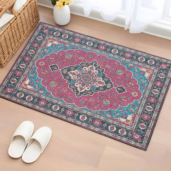 Boho Southwest Bathroom Rug Washable 2x3 Entryway Rug Non Slip Rose Red Country Chic Aztec Abstract Front Door Mat Low Pile Indoor Doormat Throw Floor Carpet for Kitchen Bedroom Entrance