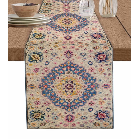 Boho Southwest Burlap Cotton Table Runner 13x108 Inches Long, Vintage Country Ethnic Nation Motifs Farmhouse Table Runners, Outdoor Dining Tablecloths Decor for Baby Shower/Party/Wedding