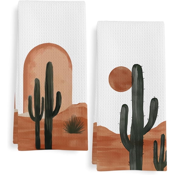 Boho Southwest Cactus Kitchen Towels Set of 2, Vinatge Western Dish Tea Towels for Kitchen, Southwestern Boho Sun Decorative Hand Towel for Bathroom, Western Bathroom Decor, 16x24 Inch