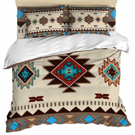 Boho Southwest Duvet Cover Set, Farmhouse Aztec Tribe Brown Blue Plaid Soft Duvet Cover Full Size Bedding Set 4 Pieces, 1 Quiltcover and 2 Pillowcases with Zipper, 1 Bed Sheet for All Seasons