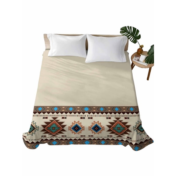 Boho Southwest Flat Sheets Only Queen Size, Soft Breathable Bed Top Sheets for Mattress, Farmhouse Aztec Tribe Brown Blue Plaid Luxury Bedding Flat Sheets for Home Hotel Bedroom Bed Protection
