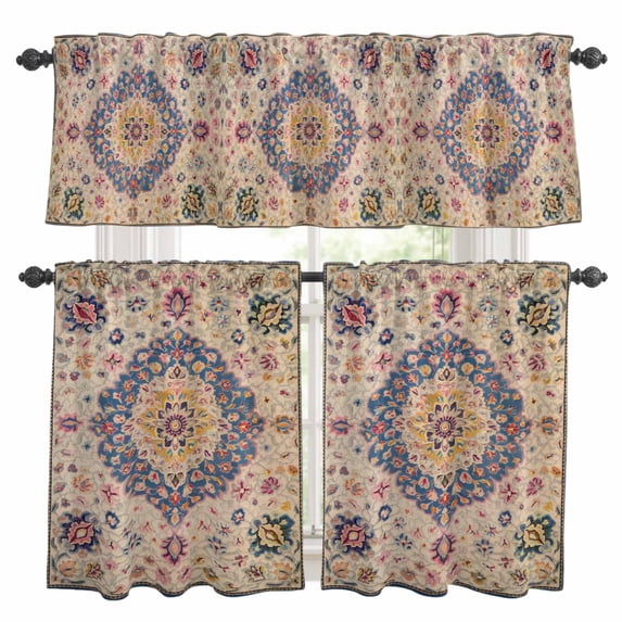 Boho Southwest Kitchen Curtains Sets for Windows 36 Inch Length, Vintage Country Ethnic Nation Motifs Rod Pocket Window Treatments Tier Curtains and Valances Set for Bedroom/Bathroom
