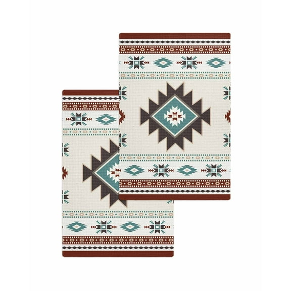 Boho Southwest Kitchen Dish Towels for Drying Dishes Set of 2, Bohemian Country Geometric Motifs Waffle Weave Microfiber Terry Hand Tea Bathroom Towels Quick Dry & Absorbent Towel 15.7x23.6