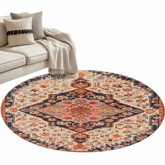 Boho Southwest Large Area Rugs for Bedroom Living Room, Soft Non Slip Carpet Bedside Rug, Retro Farmhouse Aztec Tribal Geometric Round Floor Cover Kitchen Accent Rug 3.3' for Dining Room/Office