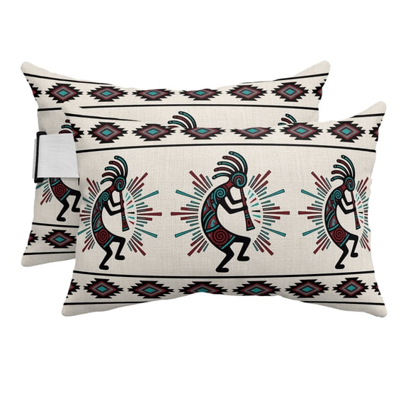 Boho Southwest Outdoor Pillows for Chaise Lounge Chair Beach Headrest Pillow Set of 2 Waterproof Lumbar Pillows with Insert&Adjustable Strap Aztec Ethnic Native Human Ethnic Plaid Pool Pillow 11"x16"