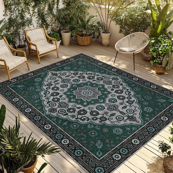Boho Southwest Outdoor Rug 3x5 Ft - Reversible Patio Rug Outdoor Camping Rugs, Dark Green Gray Aztec Abstract Floral Washable Indoor Outdoor Area Rugs, Non-Slip Outdoor Carpet Runner for Deck/Porch