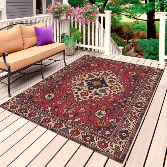 Boho Southwest Outdoor Rug 5x7 Ft, Non Slip Washable Area Rug, Vintage Farmhouse Ethnic Aztec Tribe Art Patio Rugs Carpet Runner, Large Floor Mat for Indoor/Outdoor Deck Porch Camping