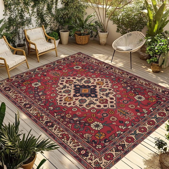 Boho Southwest Outdoor Rug 5x7 Ft - Reversible Patio Rug Outdoor Camping Rugs, Vintage Farmhouse Ethnic Aztec Tribe Art Indoor Outdoor Area Rugs, Non-Slip Outdoor Carpet Runner for Deck/Porch